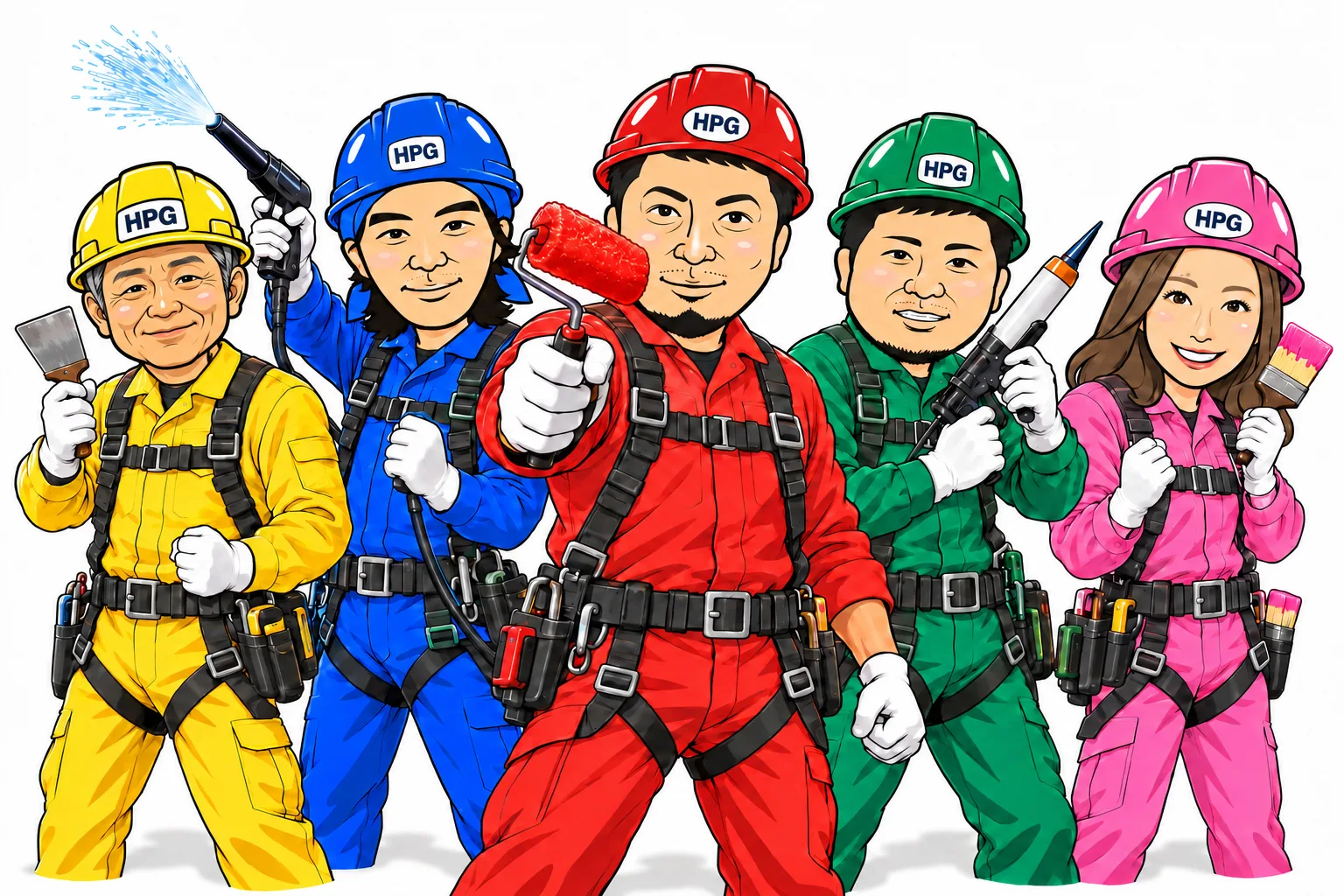 ヘルメットと作業着姿のハウスペイントグループのキャラクター5人
